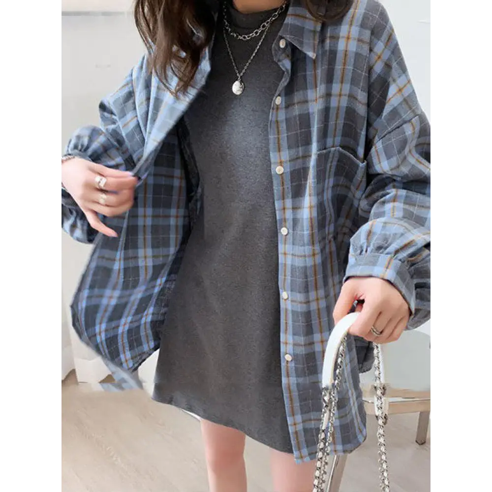 Puff sleeve plaid shirt