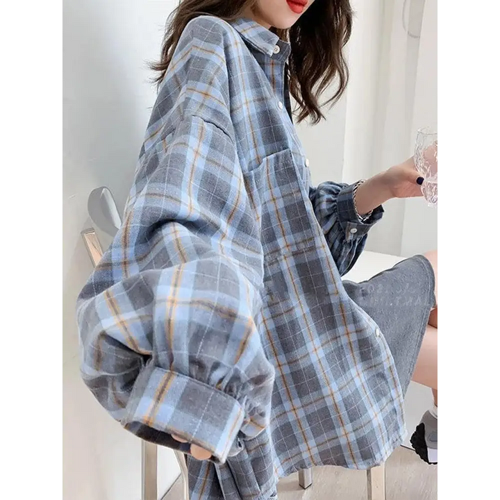 Puff sleeve plaid shirt