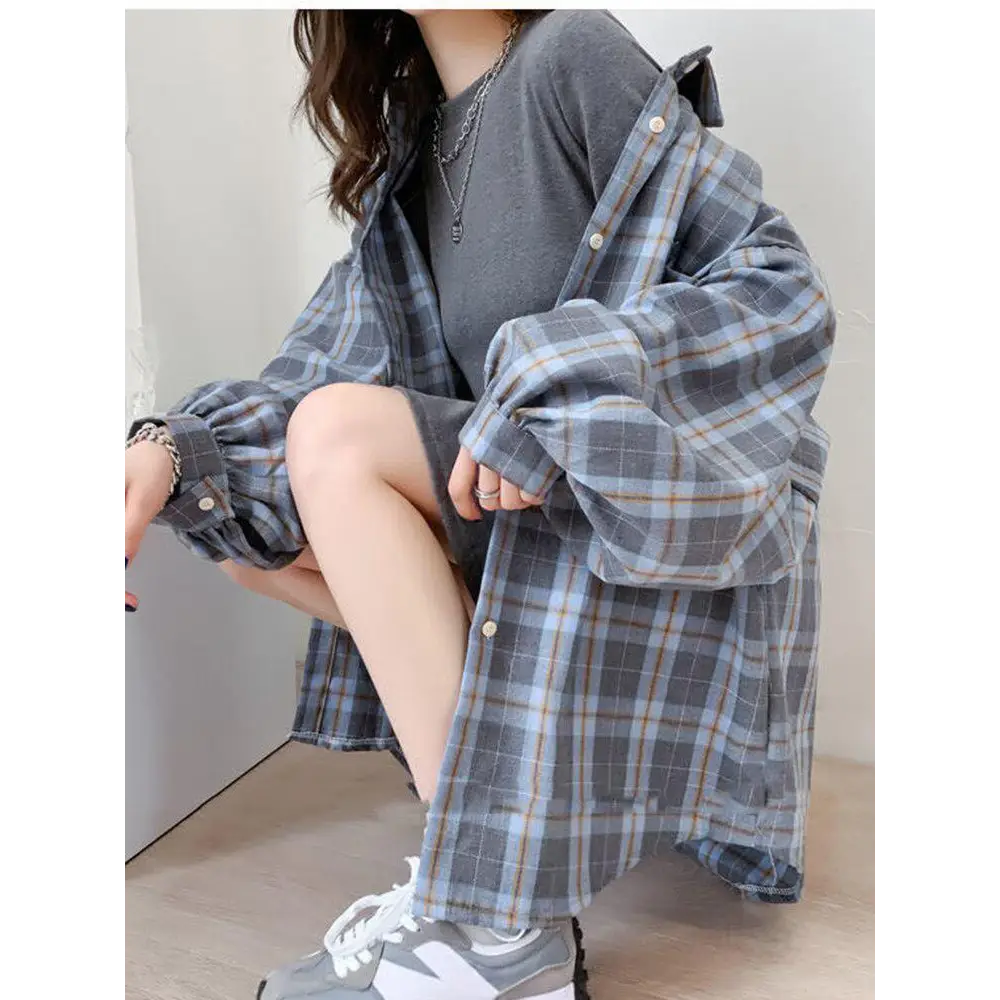 Puff sleeve plaid shirt - blue / s