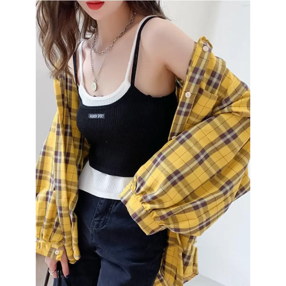 Plaid print puff sleeve shirt with classic collar and dual pockets - yellow / s