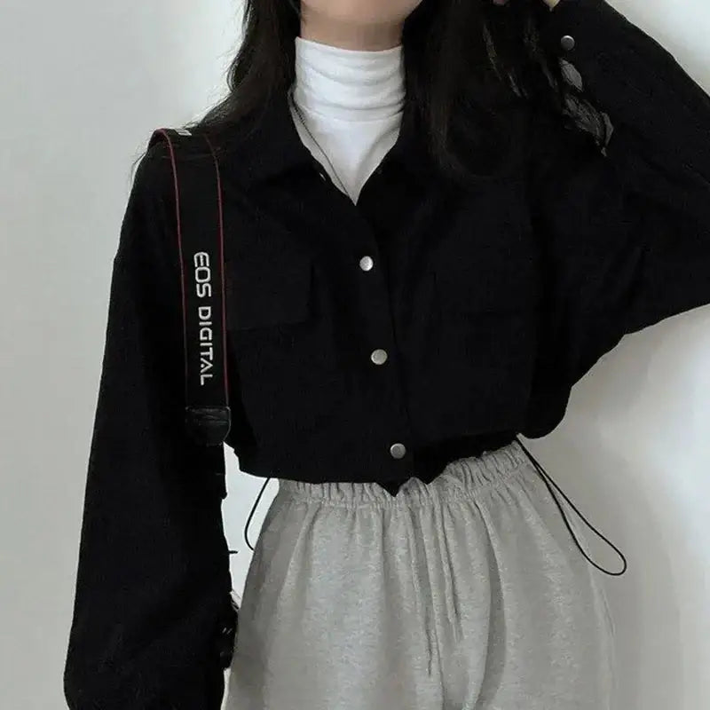 Puff sleeved corduroy crop shirt - black / s