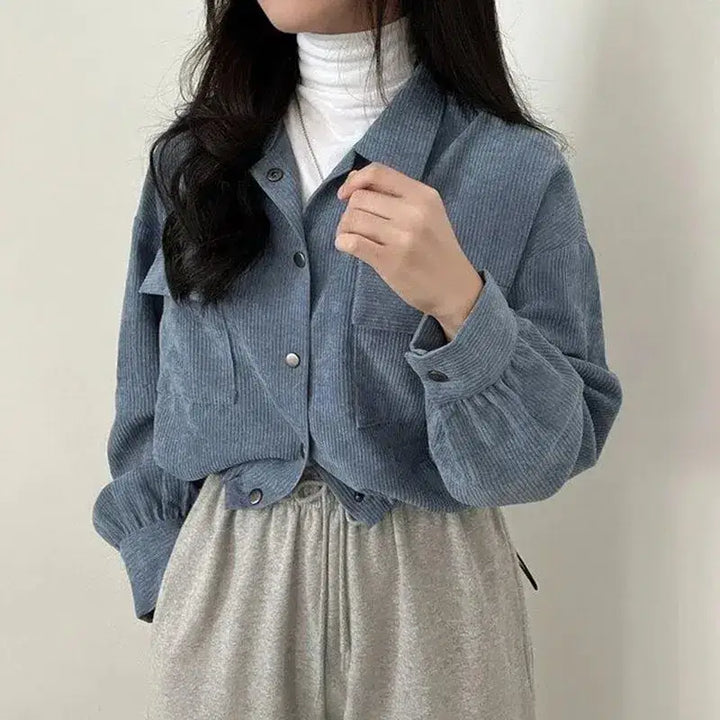 Chic corduroy crop shirt with adjustable elastic waist and puff sleeves - blue / s