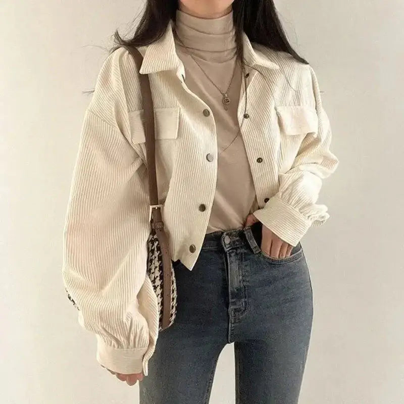 Chic corduroy crop shirt with adjustable elastic waist and puff sleeves - cream / s