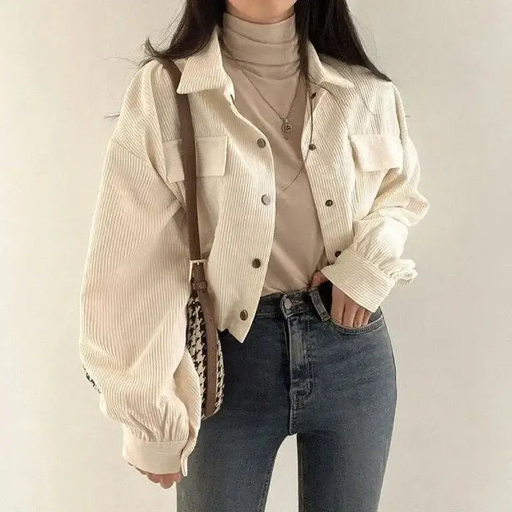 Chic corduroy crop shirt with adjustable elastic waist and puff sleeves - cream / s