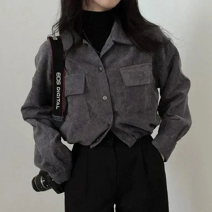 Chic corduroy crop shirt with adjustable elastic waist and puff sleeves - gray / s