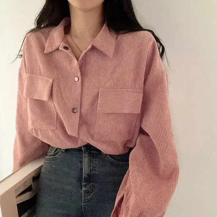 Chic corduroy crop shirt with adjustable elastic waist and puff sleeves - pink / s