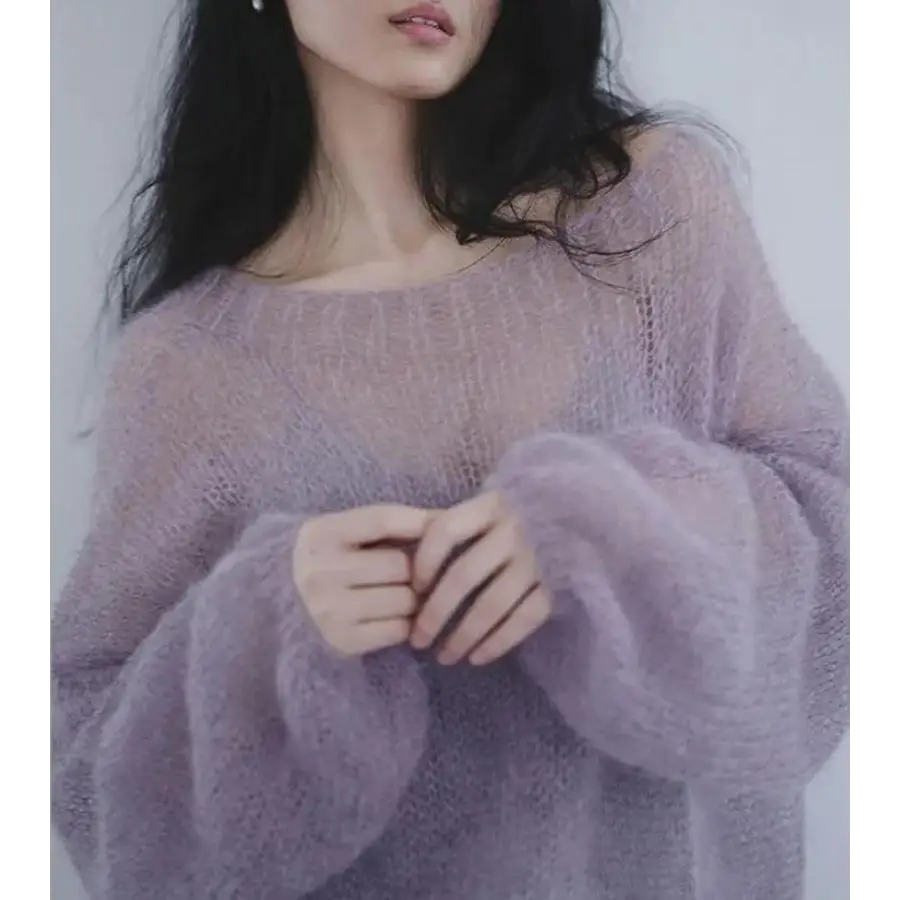 Purple y2k sweater with slash neck and puff sleeves in mesh material - one size