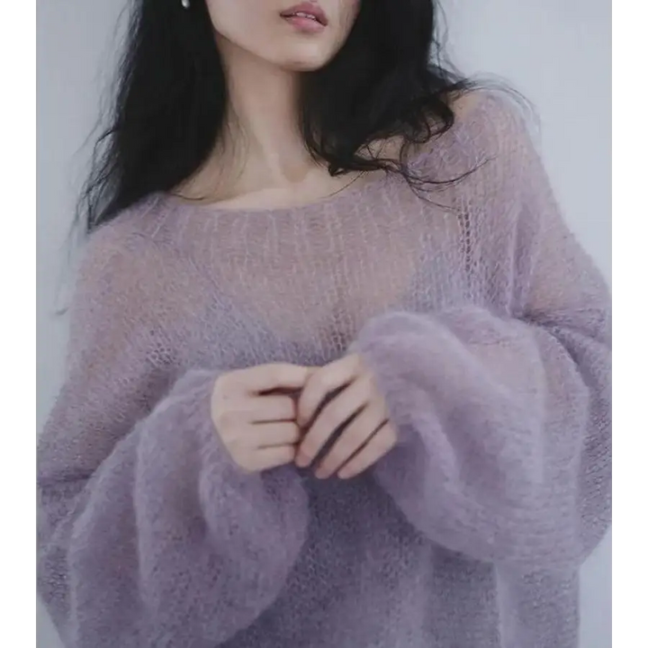 Purple y2k sweater with slash neck and puff sleeves in mesh material - one size