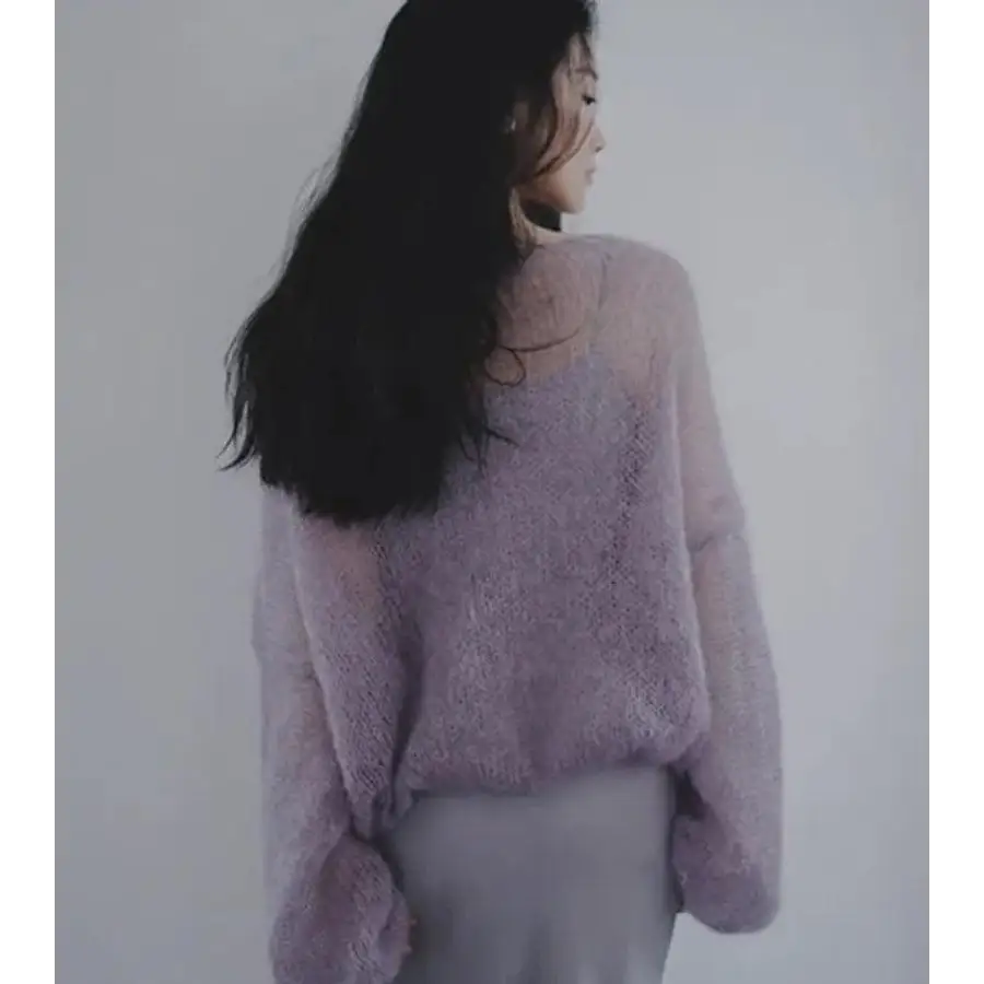 Purple y2k sweater with slash neck and puff sleeves in mesh material - one size