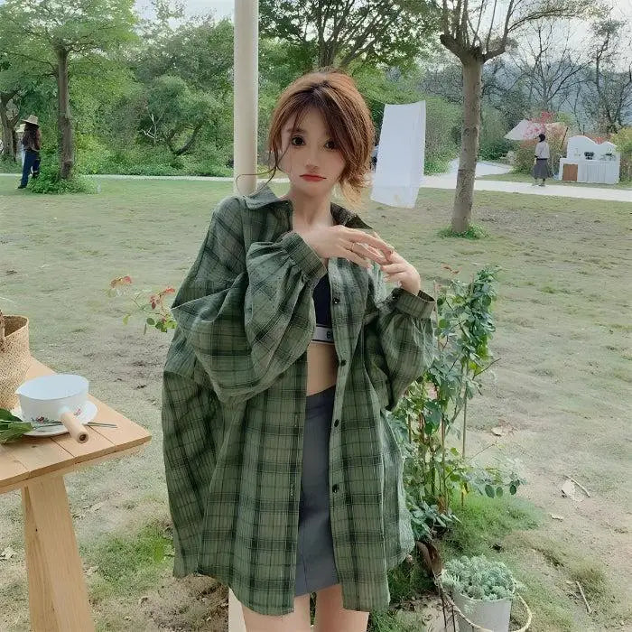 Puff sleeved plaid shirt - green / s