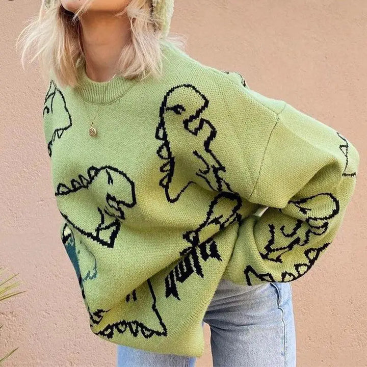 Pull dinosaur tricoté confortable avec motifs devant et derrière - sweater