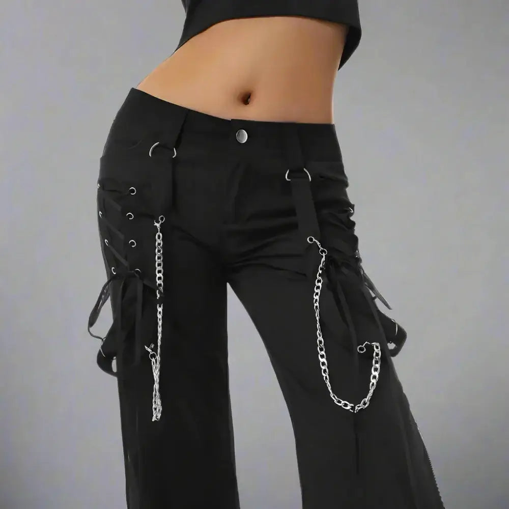 Punk low-waist black pants with tie-up sides and chains