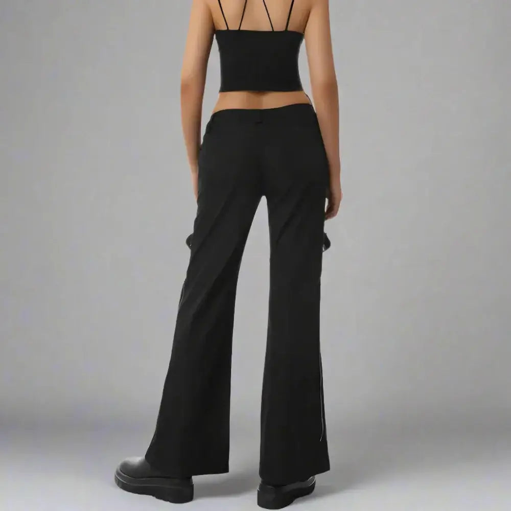 Punk low-waist black pants with tie-up sides and chains