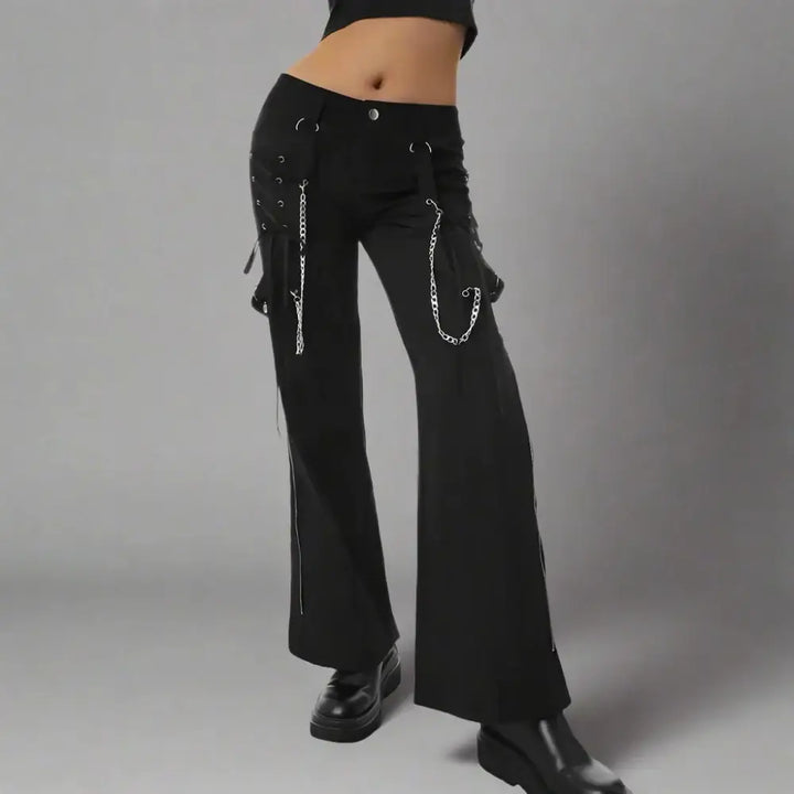 Punk low-waist black pants with tie-up sides and chains - s