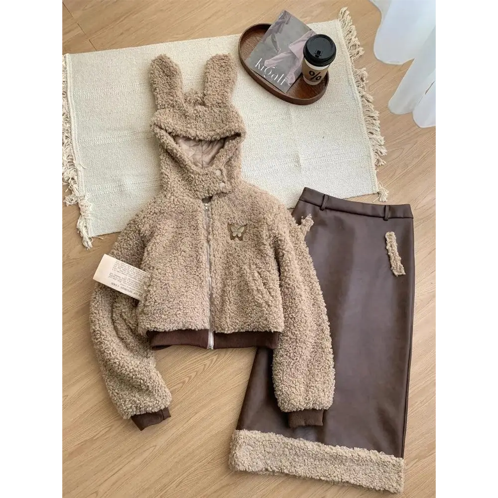 Adorable rabbit ear hood set with faux fur details and skirt - brown / set - hoodie & midi / s - two piece sets