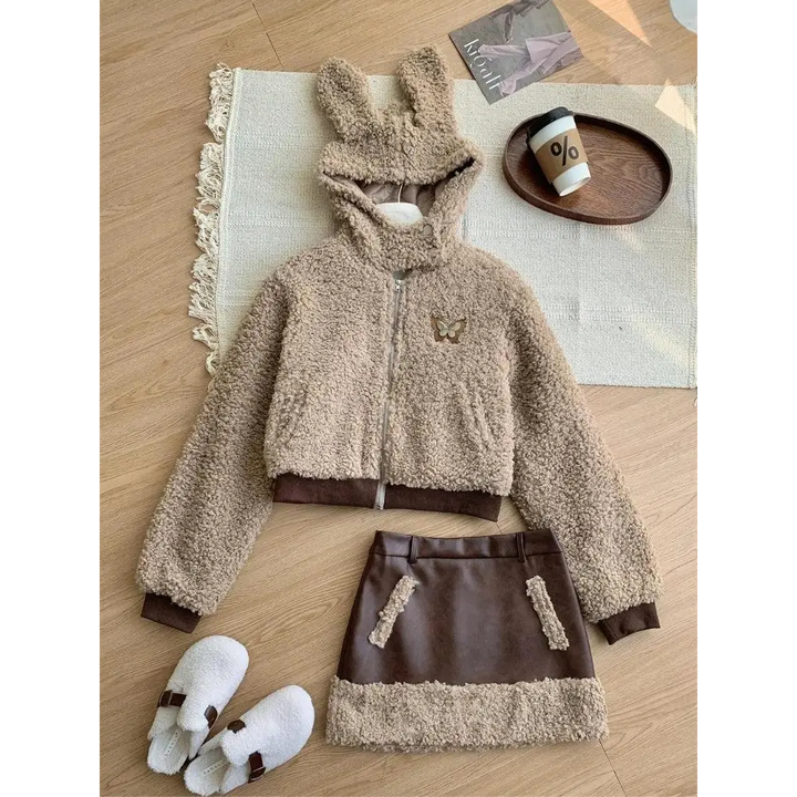 Adorable rabbit ear hood set with faux fur details and skirt - brown / set - hoodie & mini / s - two piece sets