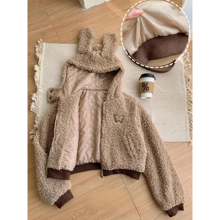 Rabbit hood teddy two piece set - brown / hoodie / s - sets