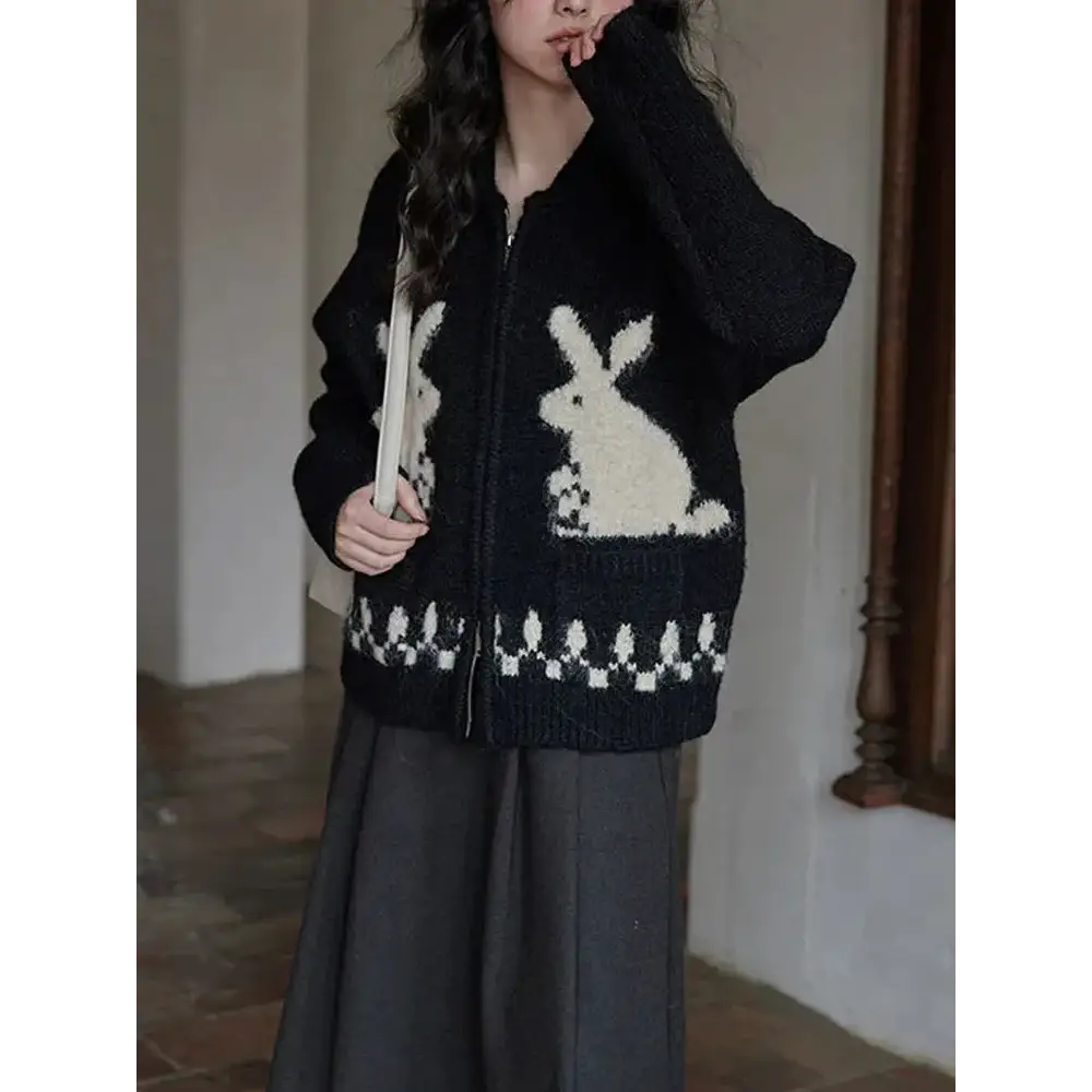 Y2k rabbit knitted zip cardigan for playful fashion