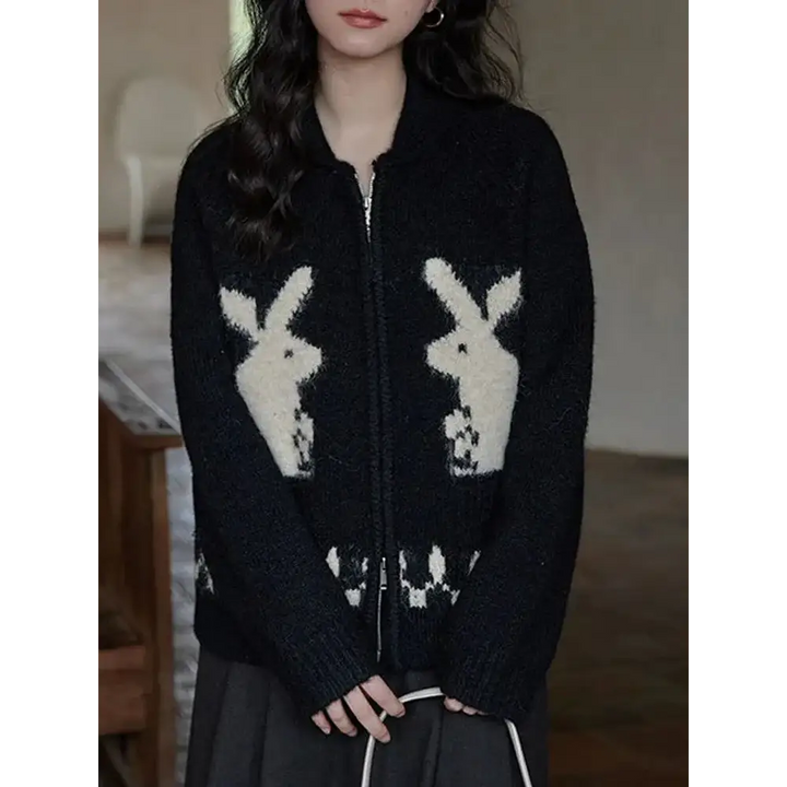 Y2k rabbit knitted zip cardigan for playful fashion - black / s