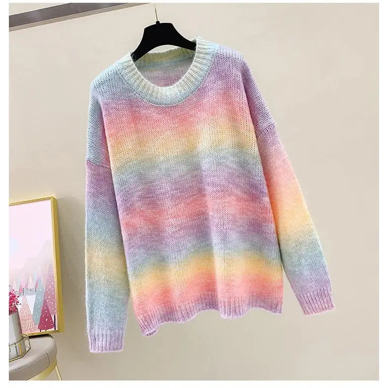 Rainbow kawaii casual o-neck knitted shirt for women