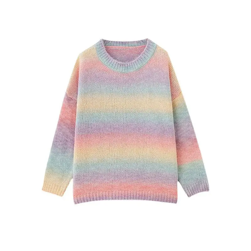 Rainbow kawaii casual o-neck knitted shirt for women