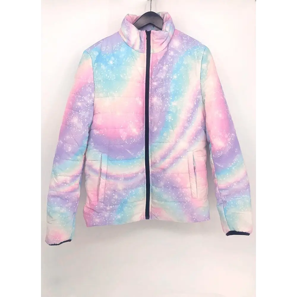 Colorful y2k pixelated rainbow puffer jacket for cozy comfort - s - unisex jacket