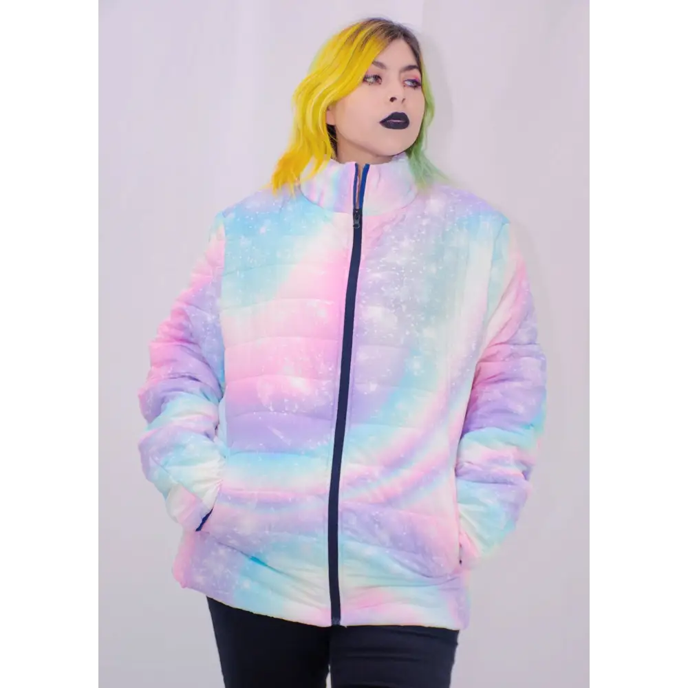 Colorful y2k pixelated rainbow puffer jacket for cozy comfort - unisex jacket