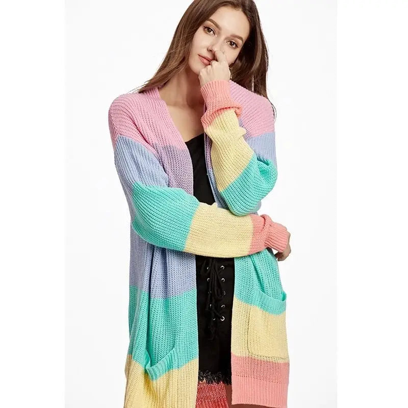 Rainbow striped long cardigan sweater