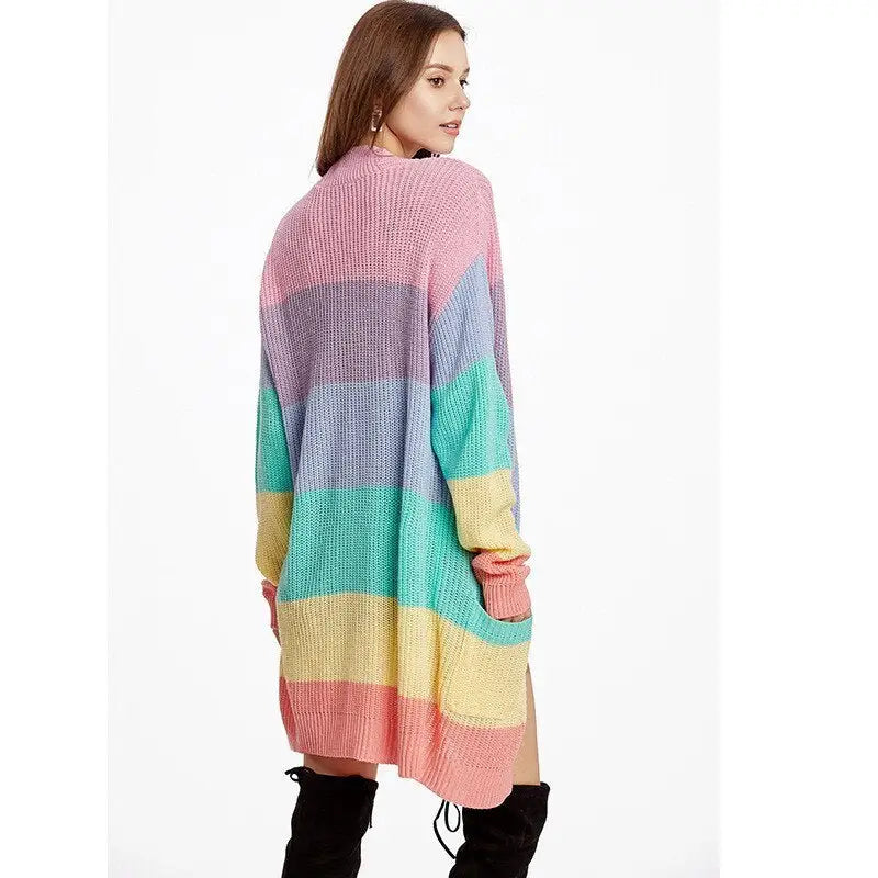 Rainbow striped long cardigan sweater