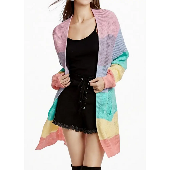 Rainbow striped long cardigan sweater