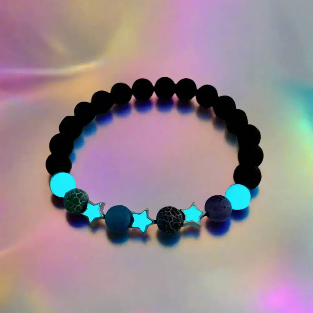 Rave-ready luminous star charm bracelet - glows in the dark - aqua blue light