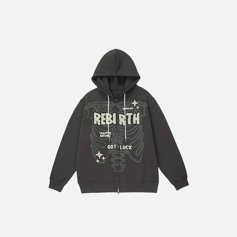 ’rebirth’ skeleton zip-up hoodie y2k - darkgrey / s - hoodies