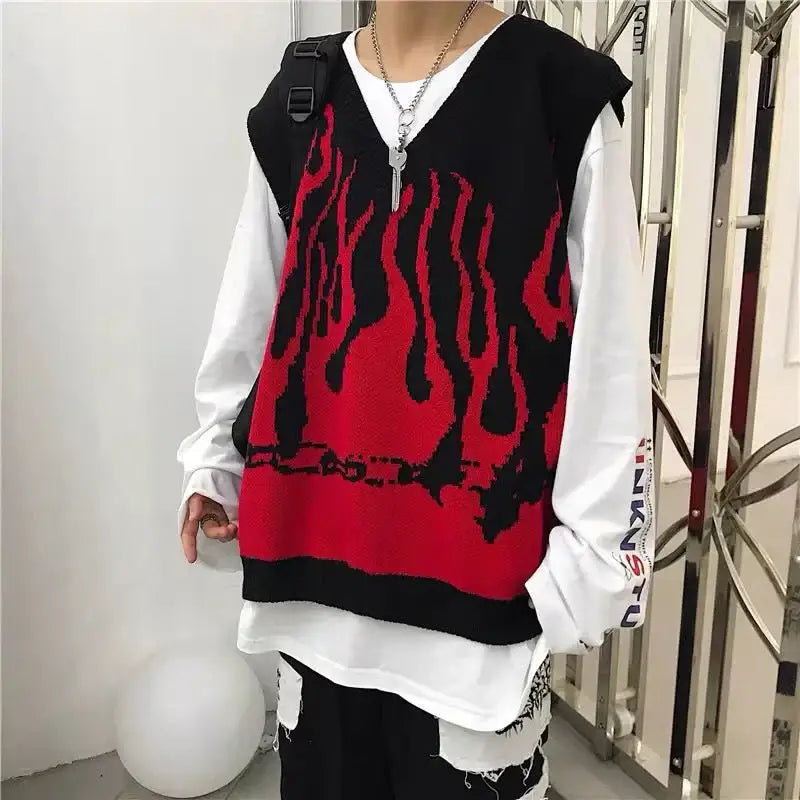 Red and black flame sleeveless v neck sweater vest