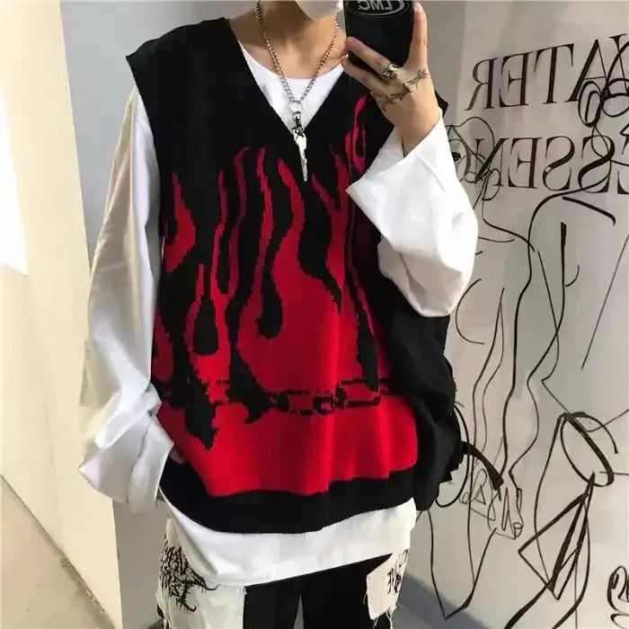 Red and black flame sleeveless v neck sweater vest - s