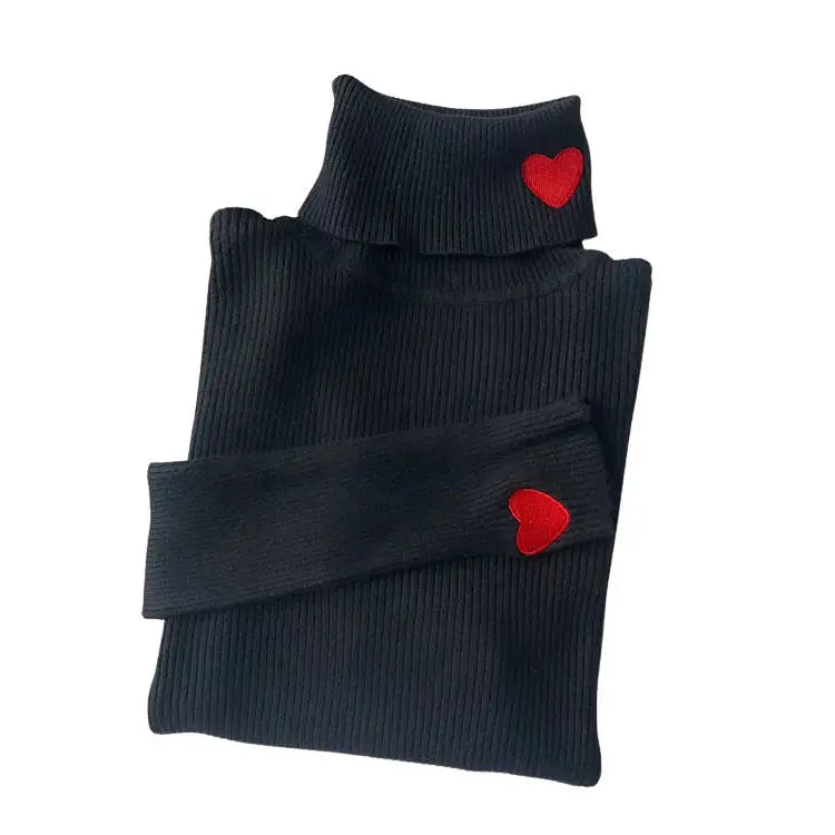 Red heart embroidery turtleneck jumper - free size / black - sweaters