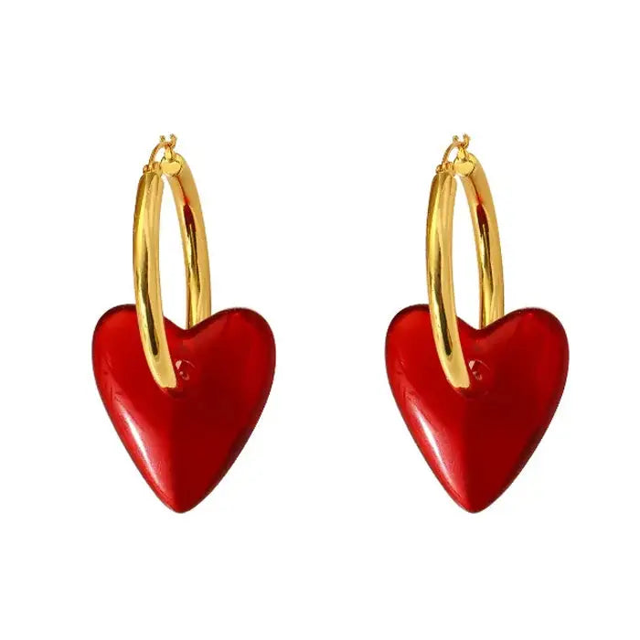 Red heart-shaped drop earrings - standart / gold/red - earrings