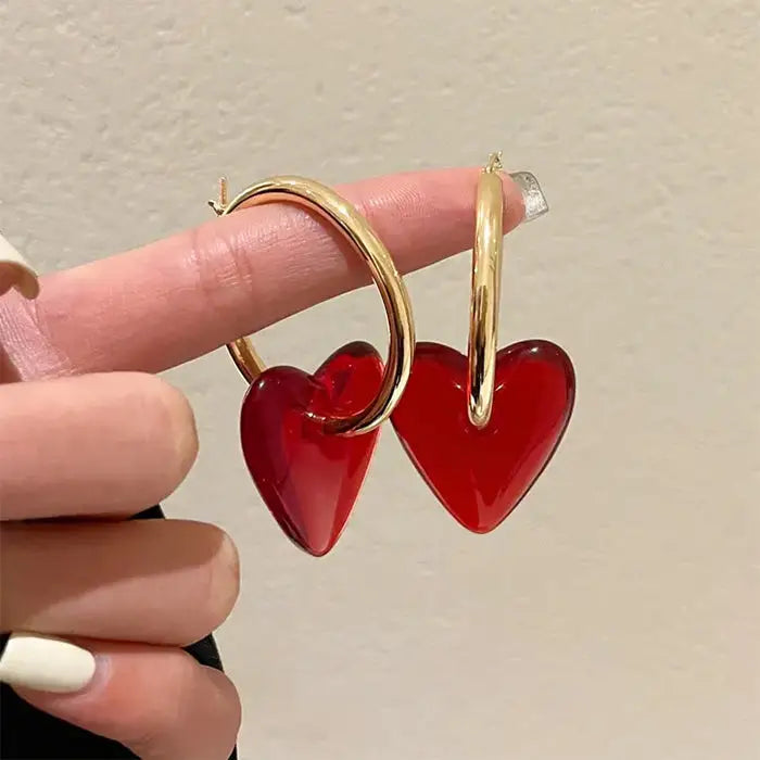 Red heart-shaped drop earrings - standart / gold/red - earrings