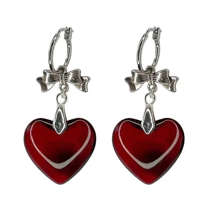 Red stone heart bow earrings - standart / silver/red - earrings