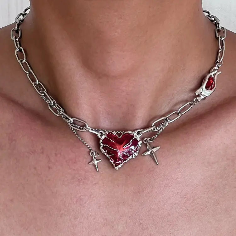 Red stone heart chain necklace - standart / silver