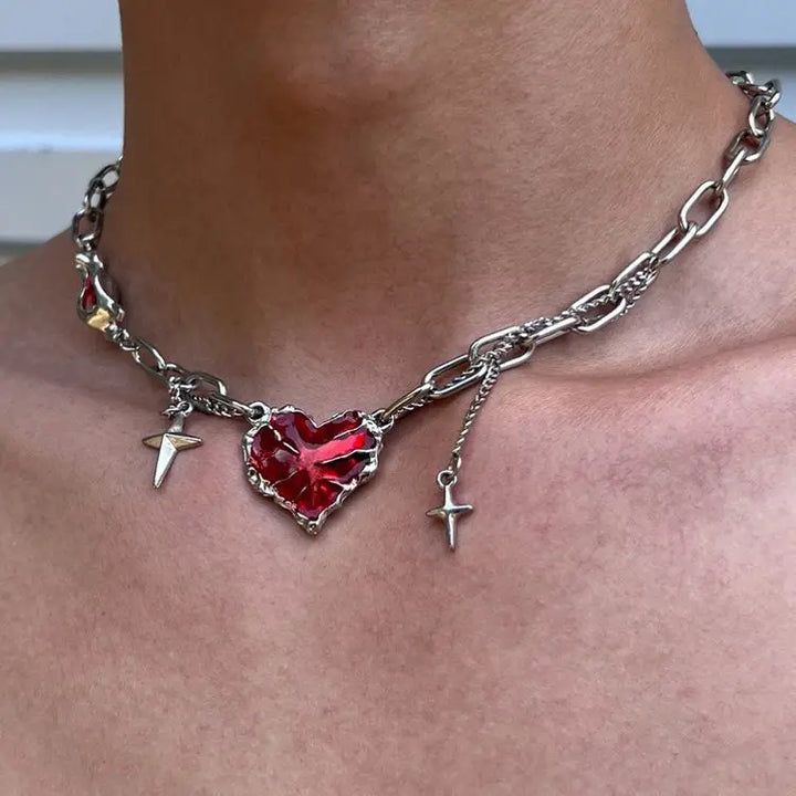 Y2k chain necklace with red heart pendant and star charms - standart / silver