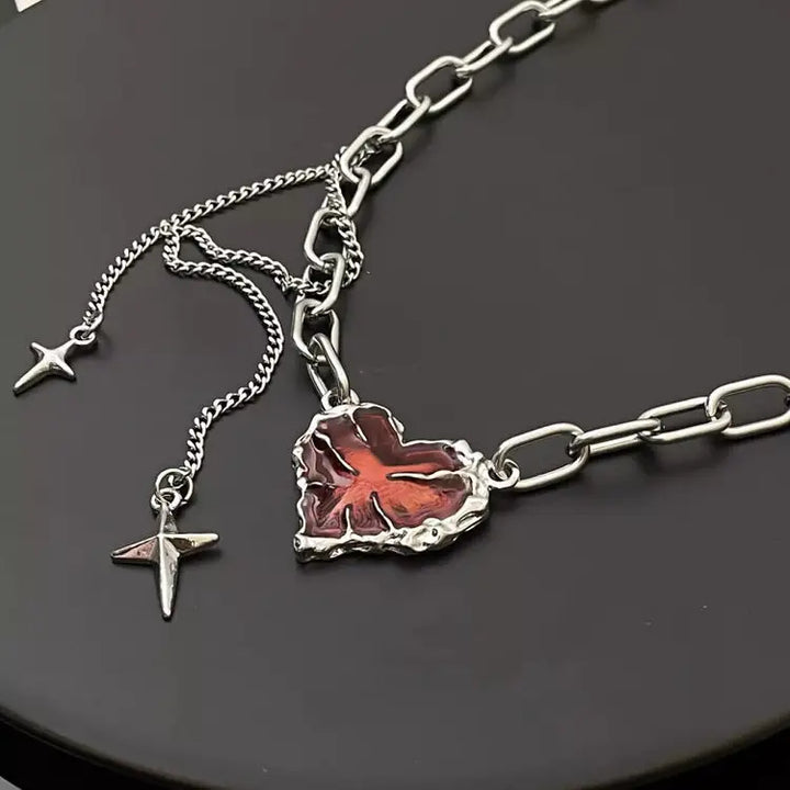 Y2k chain necklace with red heart pendant and star charms - standart / silver