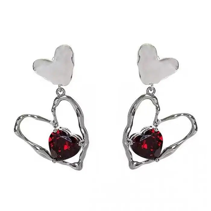 Red stone heart earrings - standart / silver/red - earrings