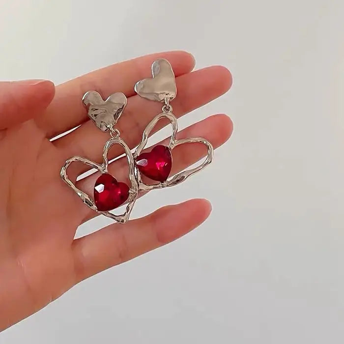 Red stone heart earrings for elegant style and accessory appeal - standart / silver/red - earrings