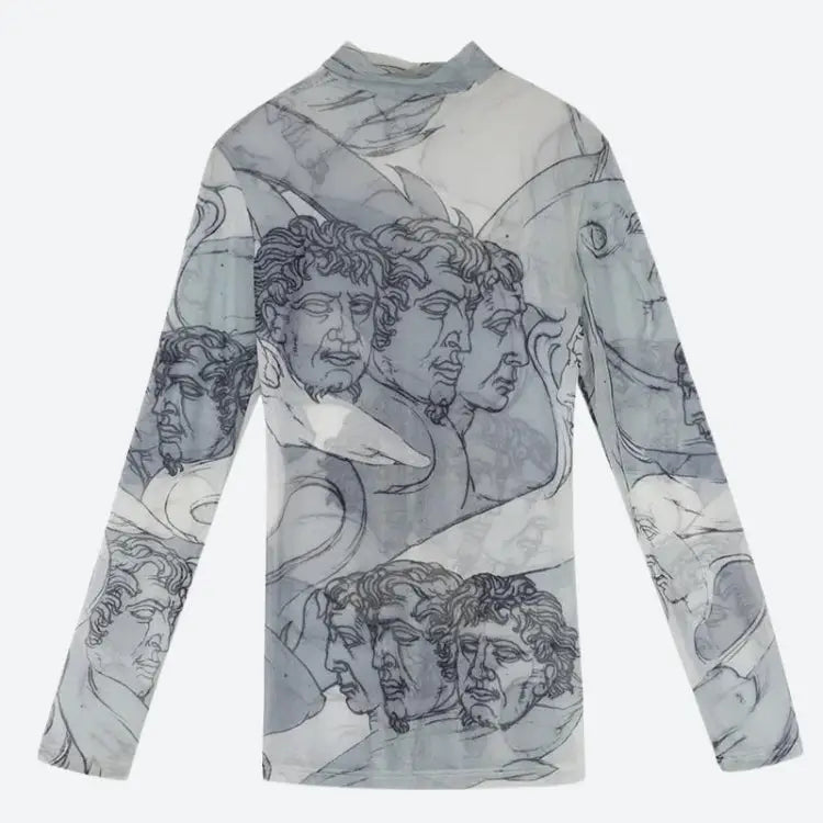 Transparent mesh top with sculpture heads print for art lovers - white / one size