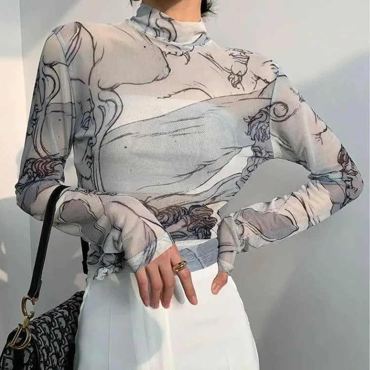 Transparent mesh top with sculpture heads print for art lovers - white / one size