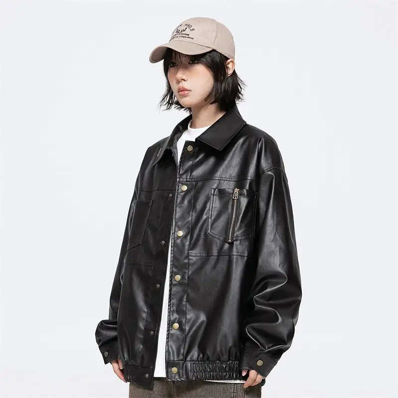 Retro black waterproof leather jacket y2k