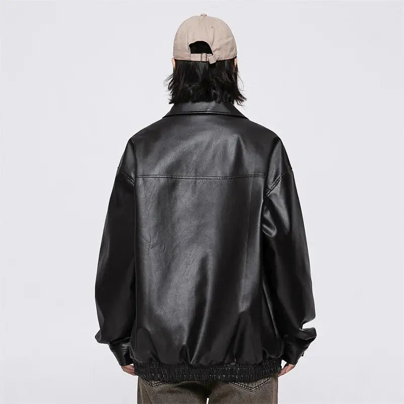 Retro black waterproof leather jacket y2k