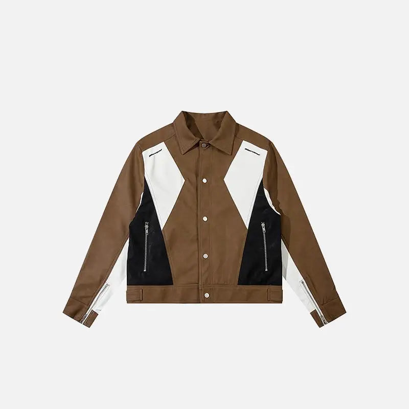 Retro color block pu leather jacket y2k - auburn / s - jackets