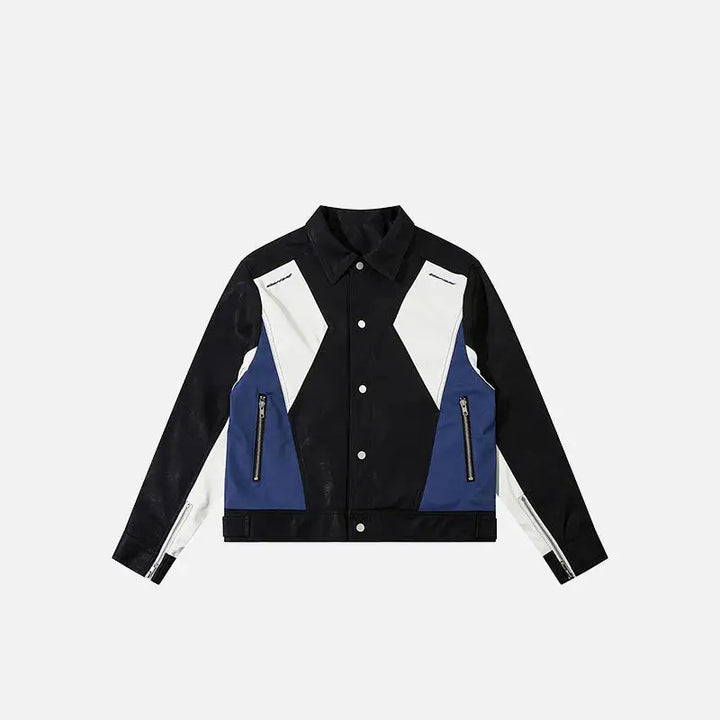Retro color block pu leather jacket y2k - black / s - jackets