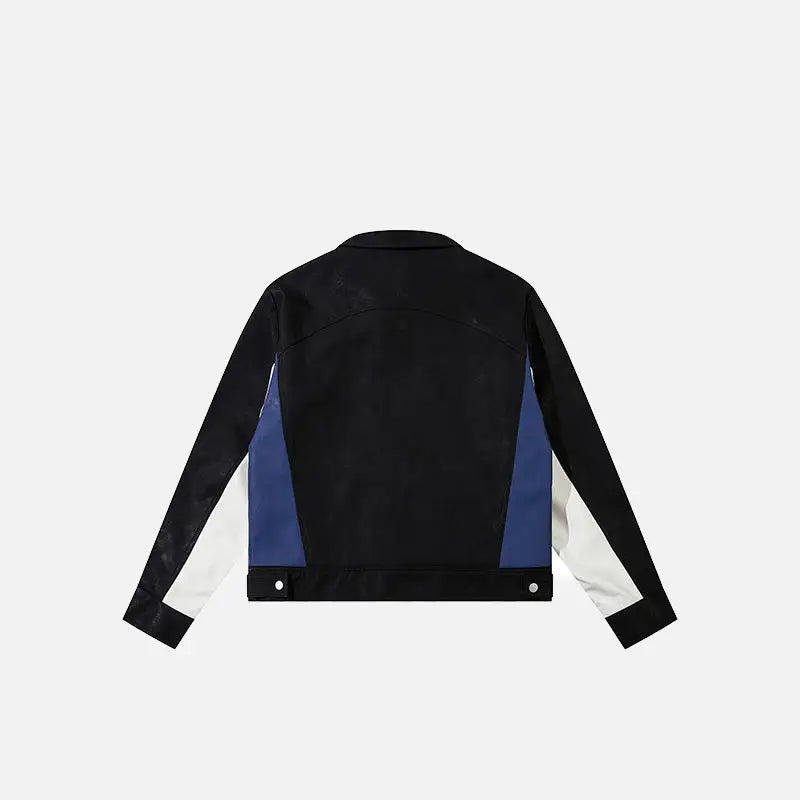 Retro color block pu leather jacket y2k - jackets
